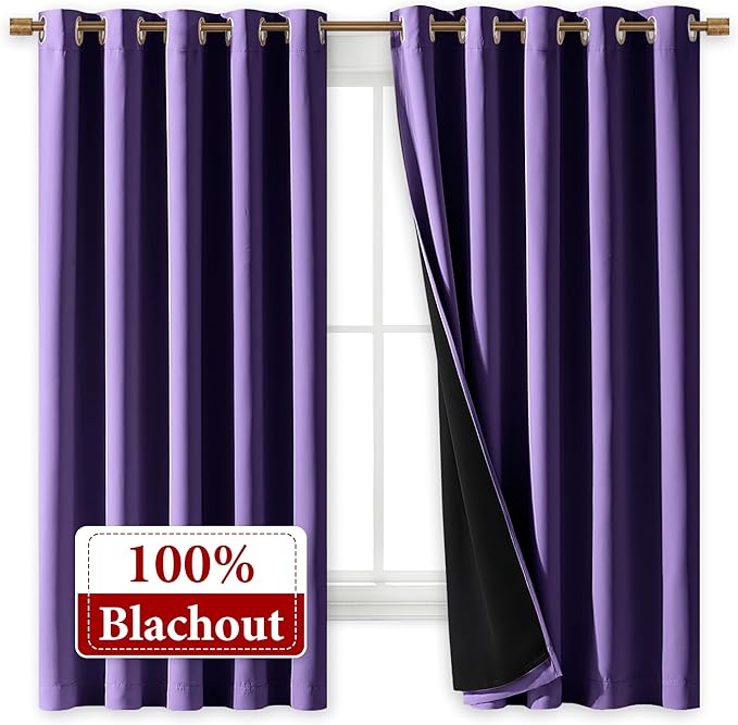 NICETOWN 100% Blackout Curtains with Black Liners, Thermal Insulated Full Blackout 2-Layer Lined Drapes, Energy Efficiency Window Draperies for Bedroom (Lilac Purple, 2 Panels, 70-inch W by 63-inch L)
