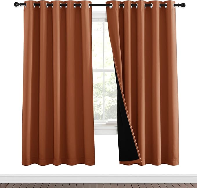 NICETOWN 100% Blackout Window Curtain Panels, Cold and Full Light Blocking Drapes with Black Liner for Nursery, 84 inches Drop Thermal Insulated Draperies (Burnt Orange, 2 PCs, 62" Wide Each Panel)