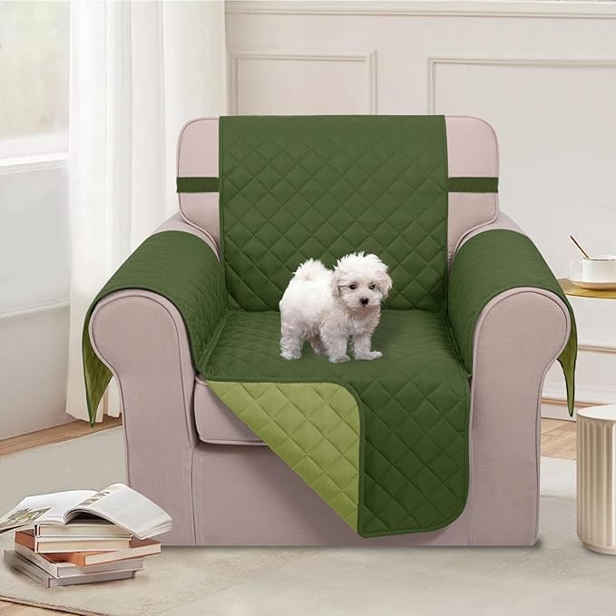 U-NICE HOME Reversible Oversized Chair Covers Quilted Water Repellent Pet Protectors with Elastic Straps(28''Armchair, Huntergreen/Sage)