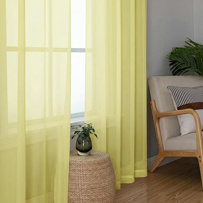 OWENIE Short Sheer Curtains for Bedroom Living Room 54 Inch Length 2 Panels Set, Soft Solid Light Filtering Sheer Curtain for Small Window, 2 Pcs Total 84 Width 54 Long, Light Yellow