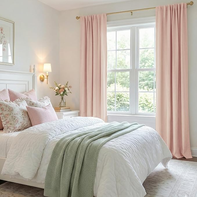 100% Blackout Shield Creamy Peach Linen Blackout Curtains for Bedroom 96 Inches Long, Back Tab/Rod Pocket Living Room Drapes, Thermal Insulated Blackout Curtains 2 Panels Set, 50" W x 96" L