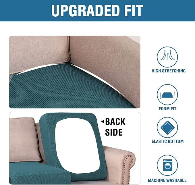 H.VERSAILTEX Super Stretch Couch Cushion Covers Sofa Cushion Slipcovers Jacquard Fabric Individual Seat Couch Slipcover Sets for Pets with Elastic Bottom(3 Packs Cushion Sofa Covers, Deep Teal)