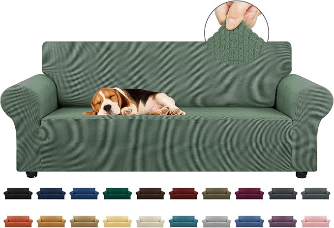 KEKUOU Stretch Sofa Cover Slipcover ，Couch Covers for 3 cushion couch sofa pet friendly (78"-94") Furniture Protector Sofa with Elastic Bottom for Kids,Dog, Jacquard Small Checked(Large,Greyish Green)