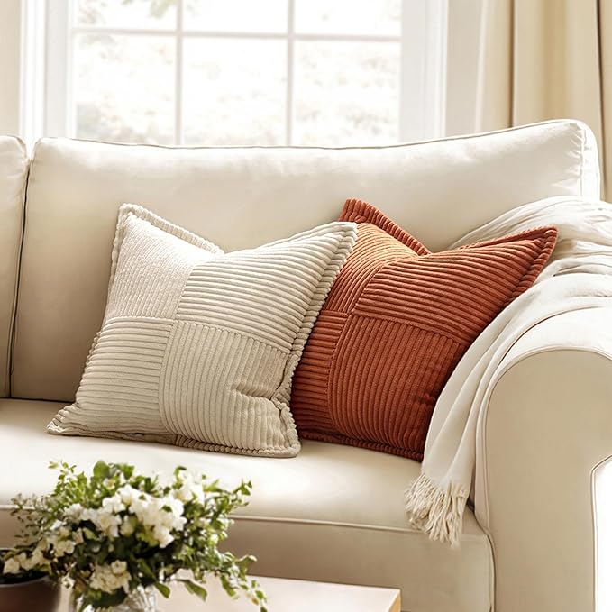 MIULEE Dark Rust Decorative Throw Pillow Covers for Couch Bed Livingroom 20x20 Inch Set of 2 Boho Accent Throw Pllows Broadside Striped Patchwork Soft Corduroy Pillowcases
