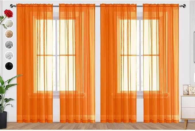 SpaceDresser Orange Sheer Curtains 4 Panels Rod Pocket Semi-Sheer Curtain 54 Inches Long Light Filtering Voile Window Drapes for Bedroom Living Room Kitchen, Each 52W x54L