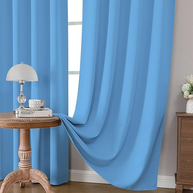 CUCRAF Light Blue Blackout Curtains 63 inch Length 2 Panels Set, Rod Pocket Room Darkening Drapes for Bedroom Living Room, Insulated Thermal Light Blocking Window Curtain (W52 x L63 Inch)