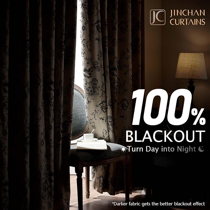 jinchan Blackout Floral Curtains for Living Room Bedroom Linen Blend Curtain Farmhouse Black Printed with Lined Back Tab Rod Pocket Drapes Window Treatments 2 Panels 84 Inch