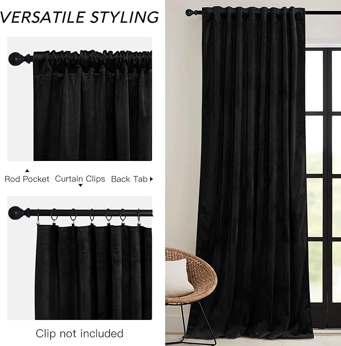 RYB HOME Black Velvet Curtains 102 inches with Hook Belt, Soft Fabric Room Darkening Thermal Insulated Luxurious Home Decor Curtains for Living Room Bedroom, W 52" x L 102", 2 Panels Set