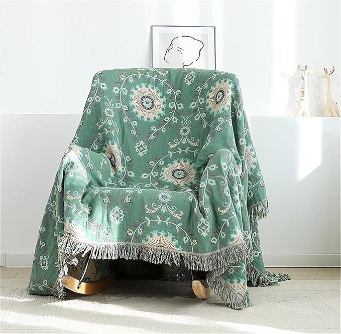 MSGKV Boho Throw Blanket for Couch Bed 60''x80'', 100% Cotton Blankets Woven Green Blanket Spring Reversible Spring Breathable Lightweight Decorative Throws