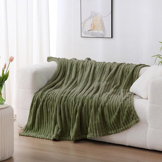Olive Green Fleece Throw Blanket 108”×90” for Couch Sofa Bed,Super Soft Cozy Plush Microfiber Flannel Blanket with Stripes Design Lightweight for Adults,Woman,Girls