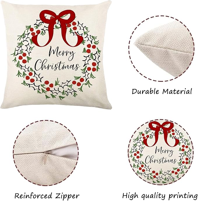 ONFAON Christmas Decorations - Christmas Pillow Covers 18x18 Set of 4, Holiday Christmas Decor Home Sofa Couch Cushion Indoor Decorations