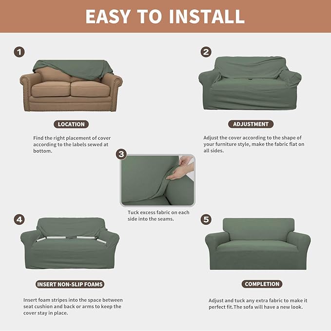 Easy-Going 100% Waterproof Oversized Loveseat Couch Cover, Dual Waterproof Sofa Cover, Stretch Jacquard Sofa Slipcover, Leakproof Furniture Protector for Kids, Pets, Grayish Green