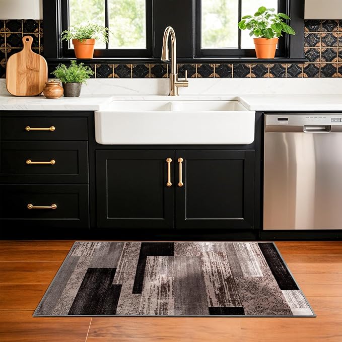 2x3 Washable Entryway Rug,Non-Slip Indoor Door Mat with Vintage Checkered Pattern, Stain & Water Resistant Faux Wool Low Pile for Front Door,Hall,Kitchen,Bathroom - Easy Clean(2x3,Chocolate)
