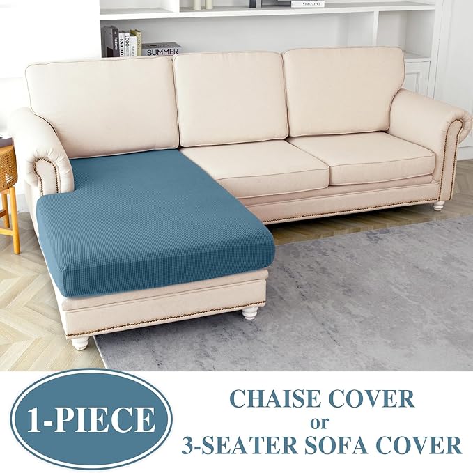 Couch Cushion Cover Chaise Lounge Cover Washable Separate Seat Chaise Couch Cover Stretch Sectional Sofa Slipcover(1 Piece for Chaise or Sofa 3-Seater, Blue)