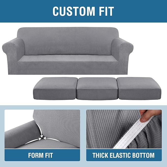 H.VERSAILTEX 4 Piece Stretch Sofa Covers for 3 Cushion Couch Covers for Living Room Furniture Slipcovers (Base Cover Plus 3 Seat Cushion Covers) Thicker Jacquard Fabric (Large Sofa, Dove)