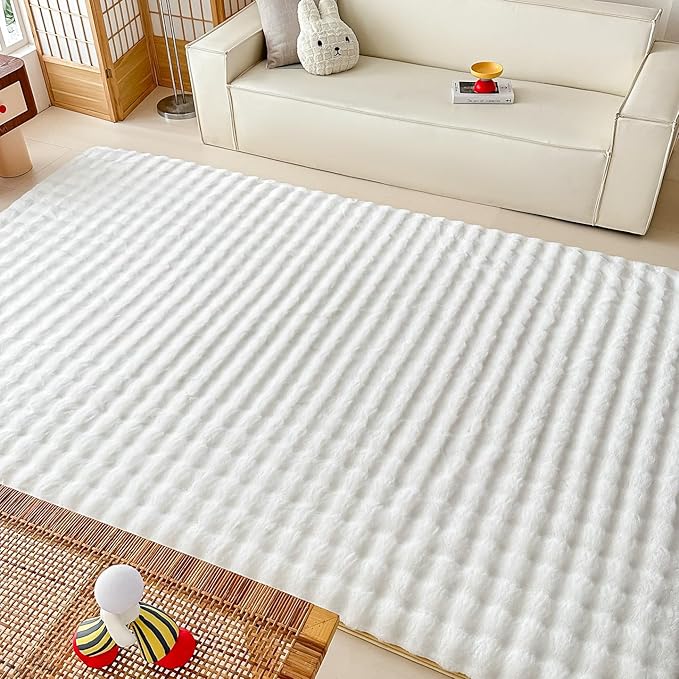 White Rabbit Plush Rug 8'x10', Fluffy Faux Fur Shaggy Area Rug for Nursery, Kids Room Decor, Soft Fuzzy Carpet for Living Room, Bedroom, Teen Girls Room