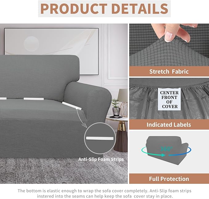 Easy-Going 100% Waterproof Loveseat Couch Cover, Dual Waterproof Sofa Cover, Stretch Jacquard Sofa Slipcover, Leakproof Furniture Protector for Kids, Pets, Dog and Cat (Loveseat, Grey)
