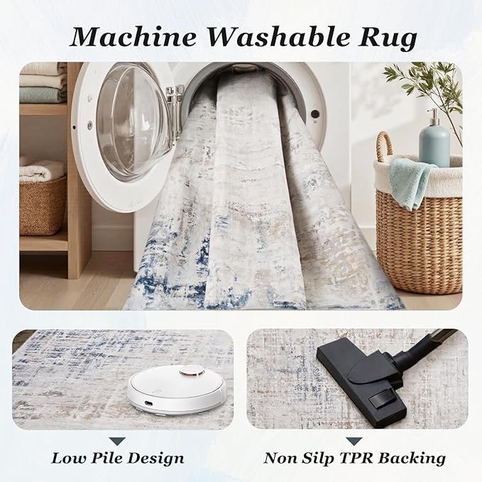 4 x 6 Area Rugs for Living Room, Machine Washable Non Slip Rug Ultra Soft Low Pile Indoor Carpet Modern Abstract Rugs for Bedroom Office Room Dining Room Beside, Blue/Grey