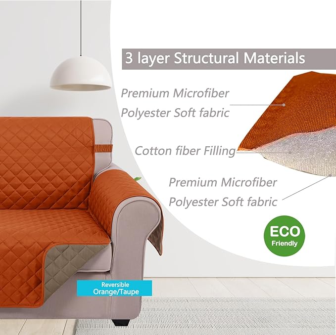 U-NICE HOME Reversible Oversized Chair Covers Quilted Water Repellent Pet Protectors with Elastic Straps(28''Armchair, Orange/Taupe)
