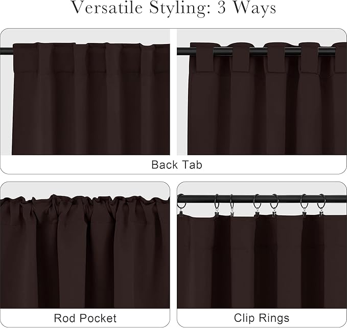 Pony Dance Short Curtains for Bathroom Window, Small Half Drapes for Kitchen Windows, Energy Saving Curtain Tiers for Basement, Wide 29 x Long 24 inches per Panel, Brown, Set of 2