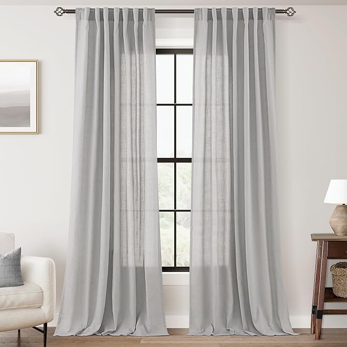 Linen Blend Grey Curtains for Living Room Back Tab Modern Farmhouse Semi Sheer Light Gray Curtains 102 inches Long 2 Panels Set Muted Neutral Cotton Texture Window Curtain for Dining Room Bedroom