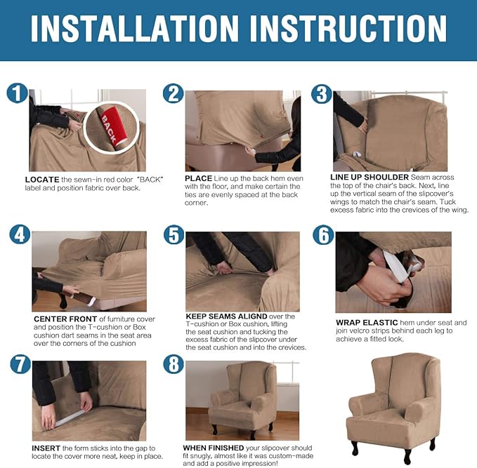 H.VERSAILTEX Wingback Chair Covers Velvet Plush Wing Chair Slipcover 1 Piece High Stretch Wing Back Chair Slipcovers Sofa Cover Furniture Cover with Elastic Bottom, Camel