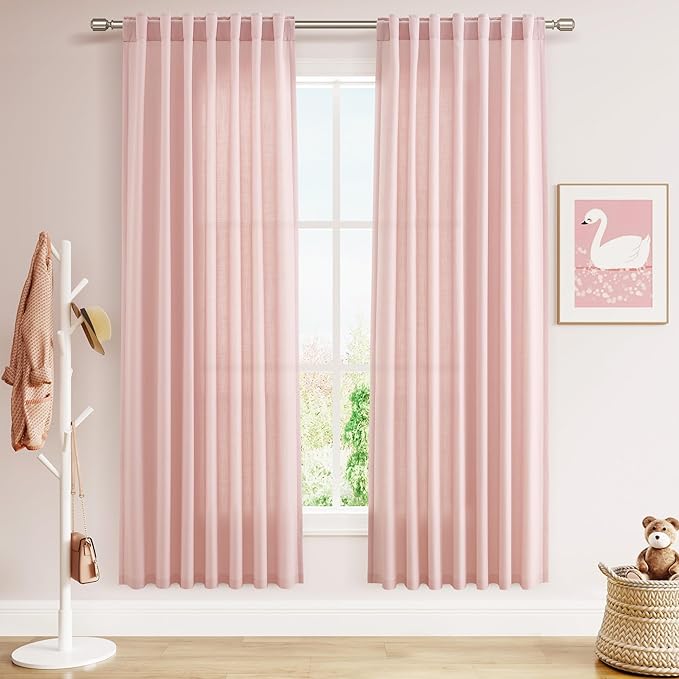 Pink Linen Curtains 72 Inch Length for Baby Girl Bedroom Lightweight Door Drapes 2 Panels Set for Kids Sheer Light Filtering Back Tab Rod Pocket Curtain for Kitchen Protect Privacy 52x72