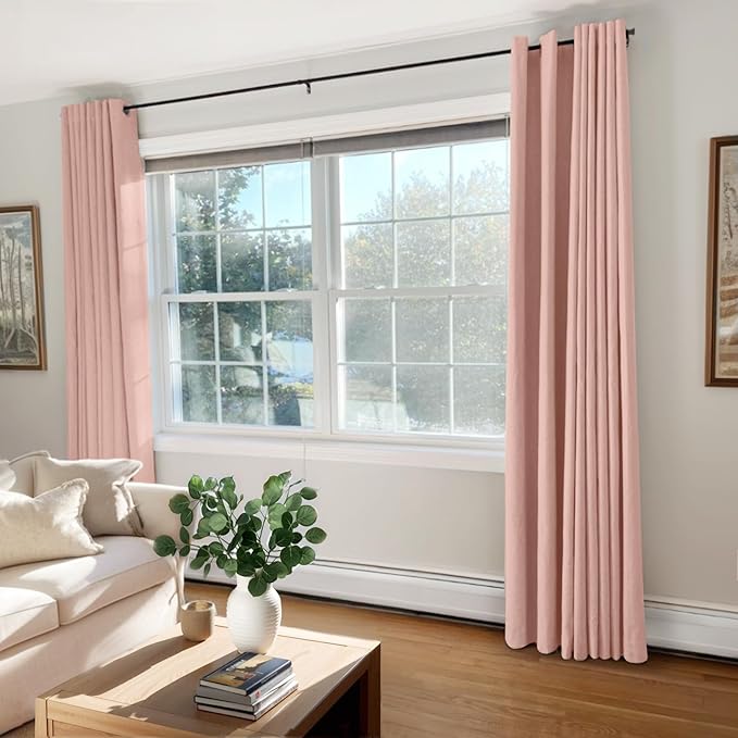 100% Blackout Shield Linen Blackout Curtains for Bedroom, Blush Pink Grommet Curtains for Living Room, Thermal Insulated Room Darkening Drapes for Nursery, Boho Home Decor, 50" W x 108" L, 2 Panels