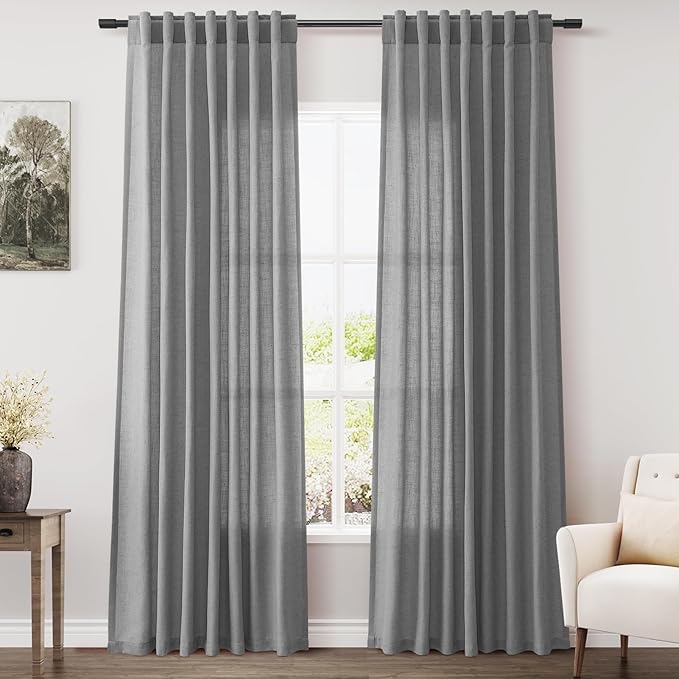 Dark Grey Linen Curtains 84 Inches Long for Bedroom Rod Pocket Back Tab Light Filtering Privacy Semi Sheer Curtain Farmhouse Decor Cotton Textured Drapes for Living Room 2 Panels Set 52x84 Inch