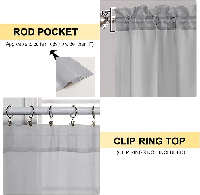 OVZME Light Grey Sheer Curtains 63 Inches Long 2 Panels - Soft Light Filtering Window Sheer Panels for Living Room/Bedroom, Top Dual Rod Pocket, 1 Pair, Each 42Wx63L Inches