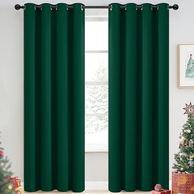 Yakamok Dark Green Blackout Curtains for Bedroom, Room Darkening Thermal Insulated Grommet Window Curtains, Light Blocking Blackout Drapes for Living Room,52Wx84L inch,2 Panels