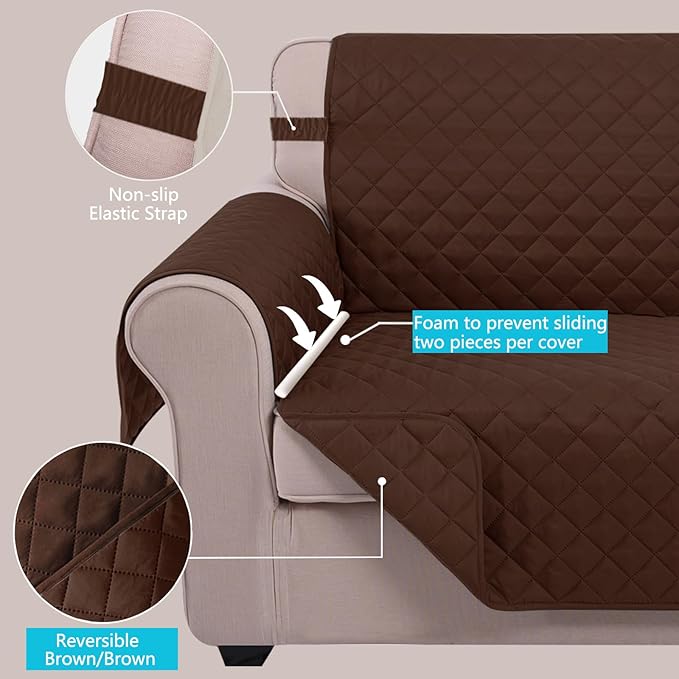 U-NICE HOME Reversible Oversized Chair Covers Quilted Water Repellent Pet Protectors with Elastic Straps(28''Armchair, Brown/Brown)