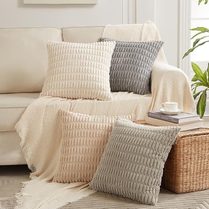 Fancy Homi 4 Packs Taupe Decorative Throw Pillow Covers 16x16 Inch for Living Room Couch Bed, Rustic Modern Farmhouse Boho Home Decor, Soft Plush Corduroy Cute Square Accent Cushion Case 40x40 cm