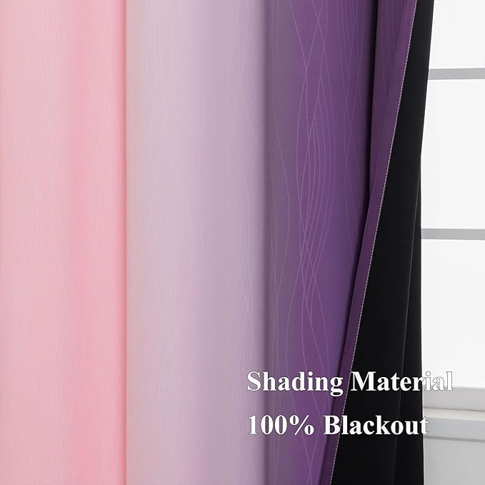Pink and Purple Curtains 63 Inch Length 2 panels, Full Light Blocking Ombre Blackout Curtains for Kids Room, Thermal Insulated Noise Reducing Gradient Blackout Curtains for Girls Bedroom, 52x63 Inch