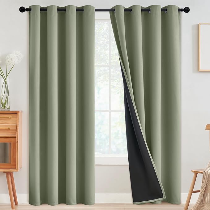 SimpleHome 100% Blackout Curtains for Bedroom,Thermal Insulated Light Sage Grommet Window Drapes Room Darkening Curtains for Living Room with Black Back,52 x 96 Inch,2 Panels