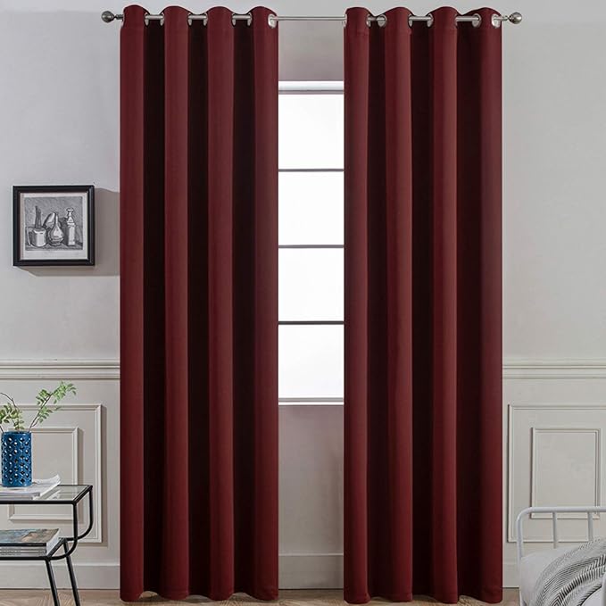 Yakamok Blackout Curtains 96 Inches Long with Grommet for Bedroom, Burgundy Thermal Insulated Room Darkening Window Treatment Drapes Curtain for Living Room (52Wx96L, Burgundy red, 2 Panels)