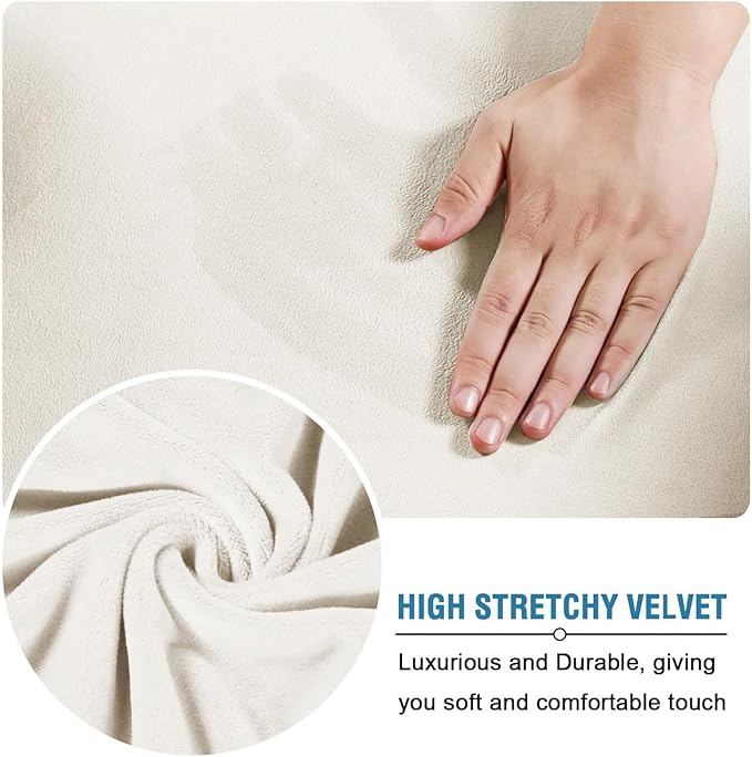 H.VERSAILTEX Modern Velvet Plush 4 Piece High Stretch Sofa Slipcover Furniture Protector Form Fit Velvet Extra Large Sofa Cover for 3 Cushion Couch Width Up to 105 Inch (XL Sofa, Porcelain White)