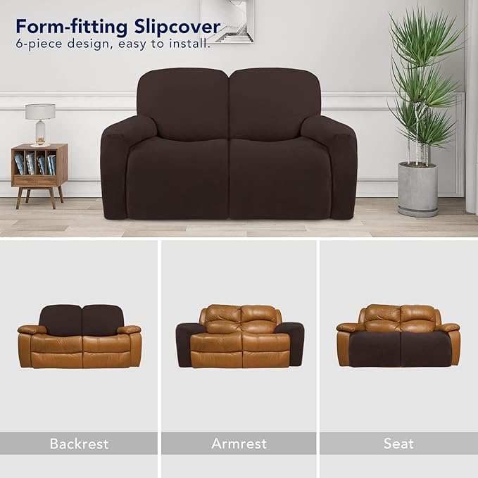 PureFit Super Stretch Loveseat Recliner Sofa Couch Cover with Pocket 2 Seats Non Slip Soft Sofa Slipcover, Washable Reclining Furniture Protector for Pets (Medium, Chocolate)