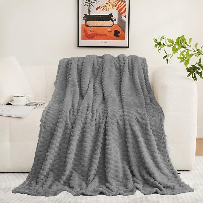 Puncuntex Grey Throw Blanket 90"×90" inches Fuzzy 3D Jacquard Decorative Flannel Fleece Super Soft Plush Cozy Blanket for Couch Sofa Chair Lightweight