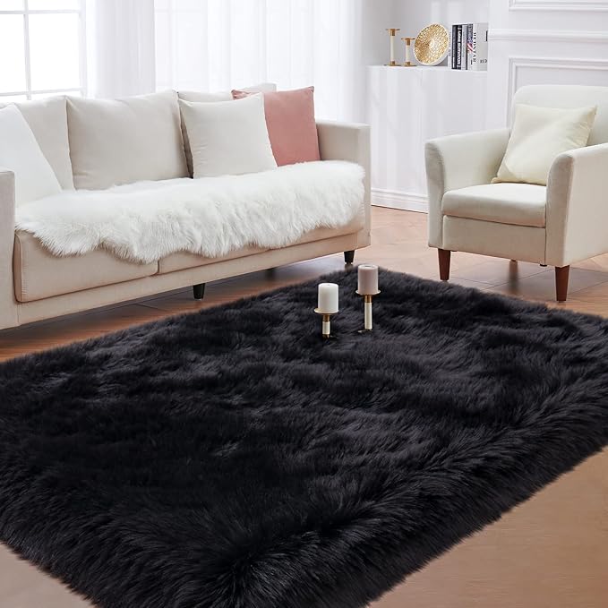 Black Faux Fur Rug for Bedroom 3'x5' Soft Shag Fuzzy Rugs for Living Room, Furry Bedside Nursery Rug Plush Indoor Floor Carpet for Kids Room Teen Dorm