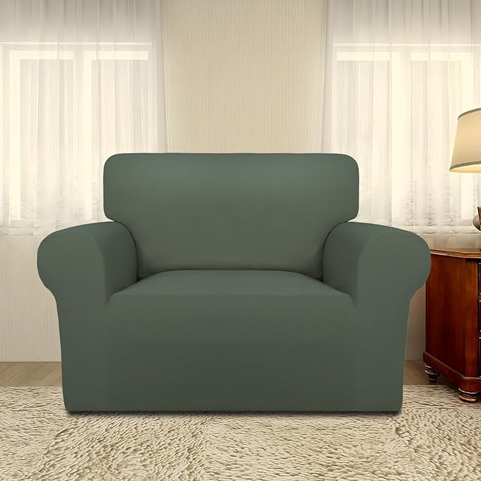 PureFit Super Stretch Sofa Slipcover – Spandex Non Slip Soft Couch Sofa Cover, Washable Furniture Protector with Non Skid Foam and Elastic Bottom for Kids, Pets (Oversized, Greyish Green)