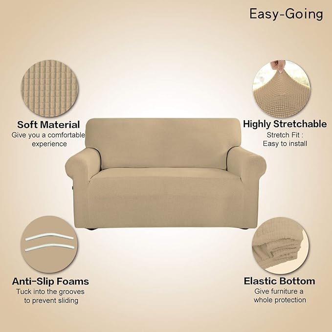Easy-Going Stretch 4 Seater Sofa Slipcover 1-Piece Sofa Cover Furniture Protector Couch Soft with Elastic Bottom for Kids, Polyester Spandex Jacquard Fabric Small Checks Sand
