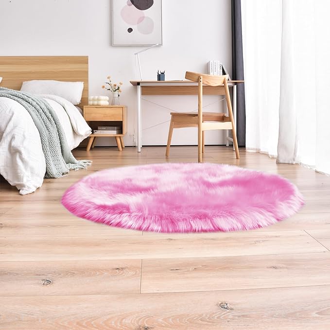 duduta Hot Pink Faux Sheepskin Round Rug 4x4 ft, Fluffy Shag Girls Bedroom Nursery Dorm Circle Rug Non Slip Washable