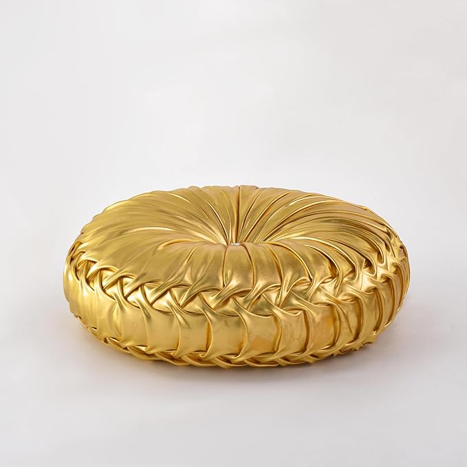 HIG Set of 2 Handcrafted Gold Ruched Round Throw Pillows – 14.5’’ Metallic Leather Decorative Pillows with Soft Polyester Filling for Couch, Bed, Living Room, Bedroom, or Dorm