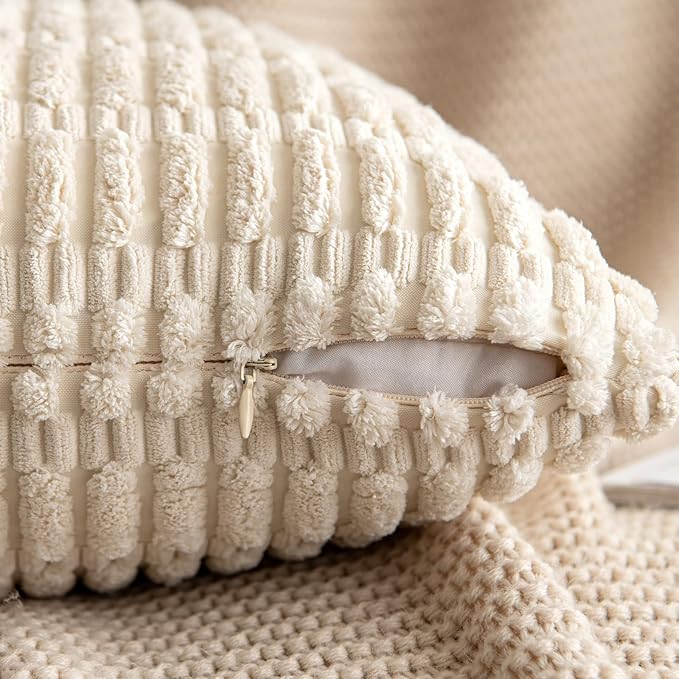 MIULEE Pack of 2 Corduroy Decorative Throw Pillow Covers 20x20 Inch Soft Boho Striped Pillow Covers Modern Farmhouse Home Decor for Sofa Living Room Couch Bed Cream White