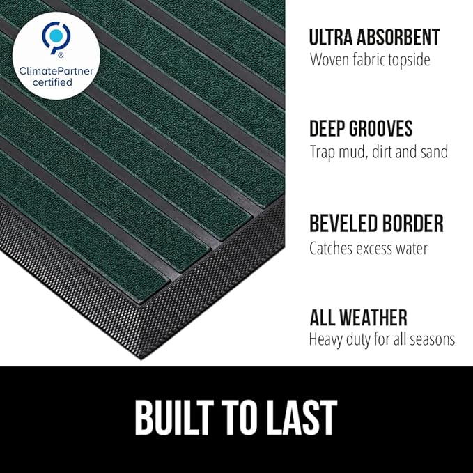 GORILLA GRIP 100% Waterproof All-Season WeatherMAX Doormat US Designed Natural Rubber, Stain and Fade Resistant, Low Profile Indoor Outdoor Door Mats, Easy Clean Patio Mat, 29x17, Green Stripe