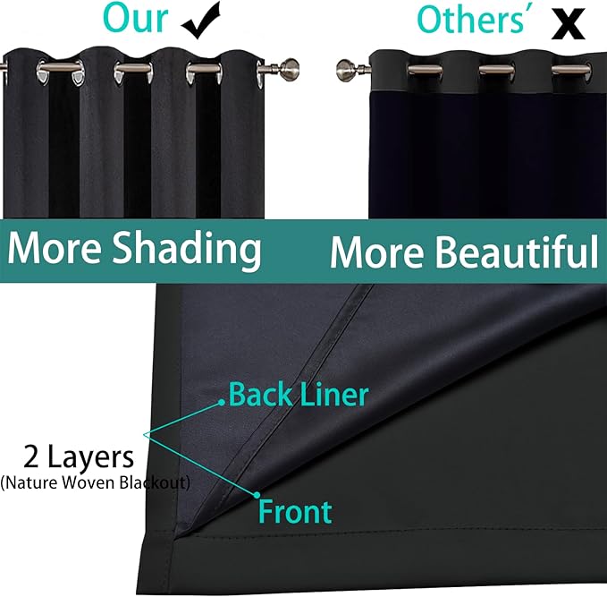 Yakamok 100% Blackout Curtains 96 Inches Long, 2 Thick Layers Heat and Full Light Blocking Soft Thermal Insulated Drapes for Bedroom(52" Wide Each Panel, Black, 1 Panel)