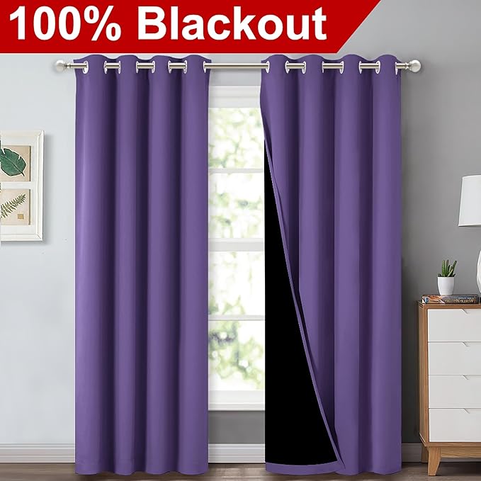 NICETOWN Total Shade Curtains and Draperies, Heavy-Duty Full Light Shading Drapes with Black Liner Backing for Villa/Hall/Dorm Window(Lilac Purple, Package of 2, 52 inches Wide x 95 inches Long)