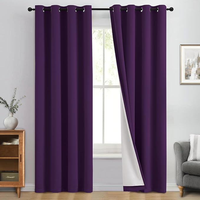 Yakamok 100% Blackout Curtain Panels 63 inches Cold and Light Blocking Drapes for Nursery, 2 Thick Layers Thermal Insulated Draperies (2 Pieces, 50 Wide Each Panel, Purple/White Backing)