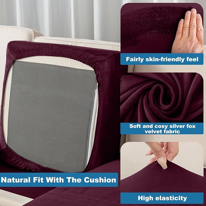 Couch Cover 3-Piece Elastic Velvet Couch Cushion Covers & Chaise Slipcovers for L-Shaped Sofas, Sofa Seat Covers Washable, Soft Cover for Couches (2 Seater + Chaise, Wine)